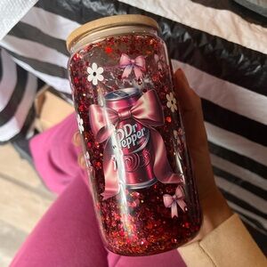 Dr Pepper Glitter snow globe Tumbler with Pink Bows